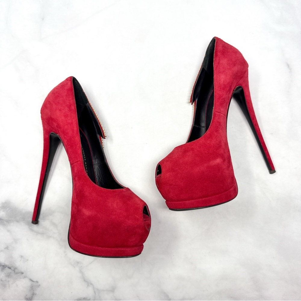 Giuseppe Zanotti Sharon Rhinestone Lightning Bolt Suede Platform Heels Red 38 - Picture 4 of 15